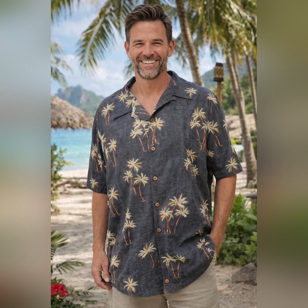 Caribbean Dark Gray Silk Blend Palm Tree Print Shirt Sz. 4X #2017